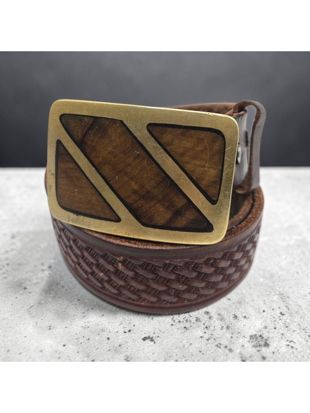 Vintage Solid Brass Wood Inlay Belt Buckle 70s Basketweave Leather Sz 36
